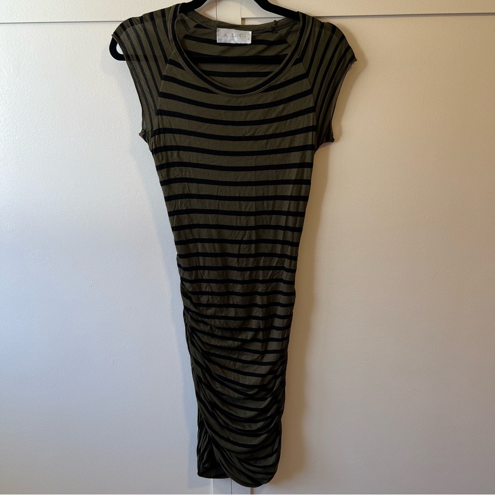 A.L.C Women’s Green Short Sleeve Ruched Bodycon Midi Striped Dress Size Small